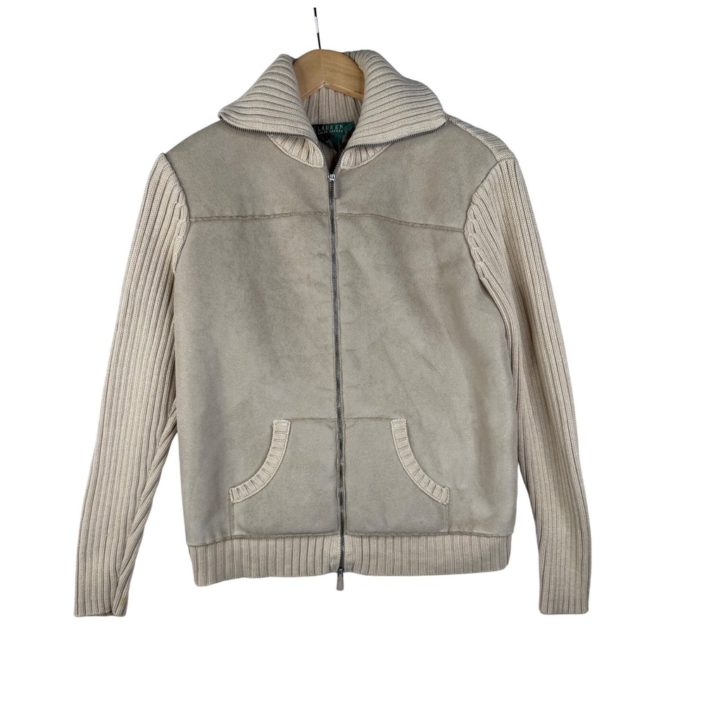 Lauren Ralph Lauren Faux Fur Lined Ribbed/Suede Full Zip Sweater size Large Beig